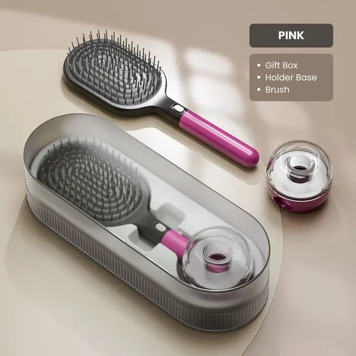 Air Cushion Massage Hair Brush Set with Wall Mount Holder Base - Pink