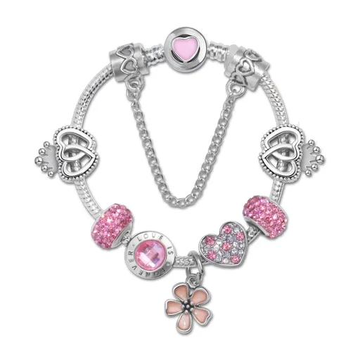 Rhinestone Heart & Crown Bead Bracelet,Fashion Sweet Jewelry for Women(pink-16cm)