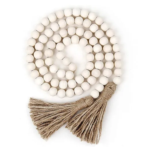 2 pack 58in Wood Bead Garland with Tassels, Farmhouse Rustic Country Decor Prayer Boho Wall Hanging Decoration (Nature)