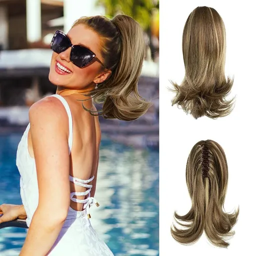 Claw Clip Short Ponytail Extension, 12 Inch Synthetic Hair Straight to End Curls Ponytail, Clip Jaw Pony Tails Extension (Brown )