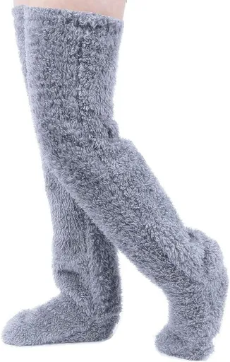 Home Socks - Overknee Fleece Socks - 55cm - Fleece Slipper Socks - Fluffy - Long Leg - Warm Pants - Winter - Home Sleep Socks - Light Grey