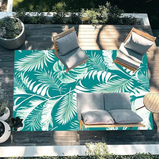 Outdoor Patio Rug 4x5 Waterproof Porch Deck Rug Stain Proof Non Fade Washable Outside Rug Carpet, Large Indoor Outdoor Area Rug for Living Room Bedroom Home Office, Green Tropical Plants