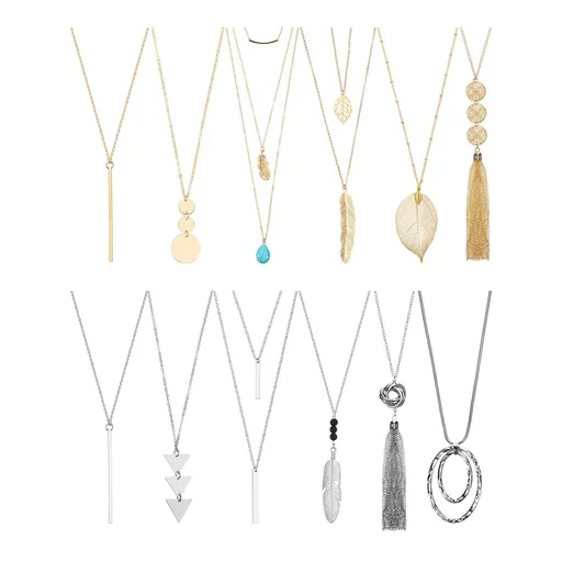 12 Pcs Long Pendant Necklace for Women, Gold Bar Feather Triangle Leaf Lock Tassel Y Necklace Jewelry Set for Girls