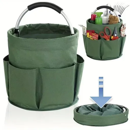Premium Army green Gardening Storage Bag made of durable 600D Oxford cloth, features 6 deep side pockets for small hand tools, spray bottles, beverages, and more. Equipped with an aluminum alloy handle wrapped in EVA molding for enhanced comfort and