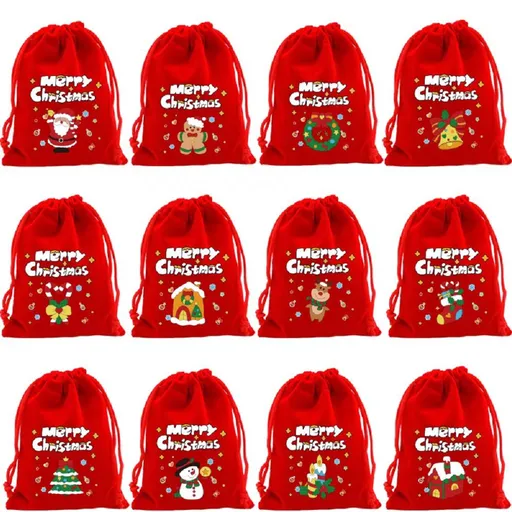 12 Pieces Christmas Gift Bags with Drawstring Closure for Treats, Party Favours and Advent Calendars, Reusable Festive Packaging, Red