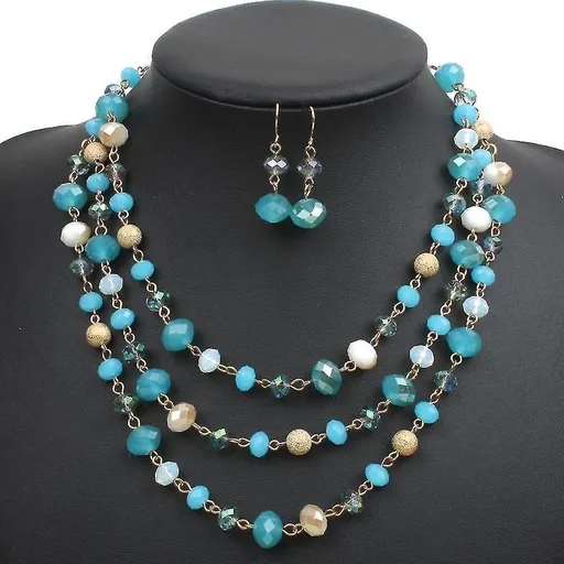 Multi Layer Crystal And Glass Beads Necklace And Crystal Earrings Crystal Jewelry Set - Blue