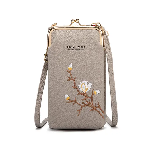 Grey Chic Embroidered Crossbody Phone Wallet - All-in-One Purse with Kiss-Lock Clasp