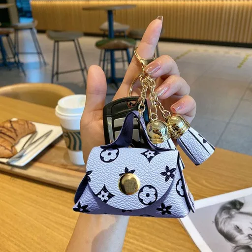 Mini Printed Leather Coin Purse with Tassel Keychain and Earphone Storage Pouch - Blue