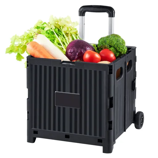 Foldable Utility Cart, 36 kg Load Capacity, Folding Portable Rolling Crate Handcart with Durable Heavy Duty Telescoping Handle and 2 Wheels for Travel Shopping Moving Luggage Office Use, Black