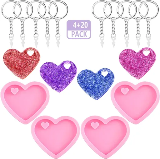 4 Pieces Heart Resin Keychain Molds for Epoxy Resin Easter Mother's Day Silicone Fondant Molds Love Keychain Gift with 20 Pieces Key Rings for DIY Decoration, Homemade Dessert