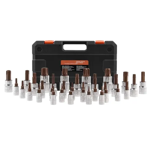 Torx Bit Socket Set, 34-Piece Solid Star and Tamper Proof T6-T70, S2 Alloy Steel and Cr-V Steel, 1/4 in, 3/8 in, and 1/2 in Drives, with Enhanced Storage Case, Torx Sockets for Hand Use