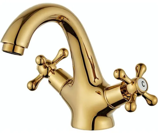 retro two-handle basin taps, in vintage antique brass, with cross handle, elegant design and simple holes, gold plated