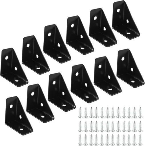 12pcs Angle Corner Shelf Bracket 38mm x 38mm, Cold Rolled Steel Corner Support, Triangular Bracket with Screws for Desk Bed Corner (Black)