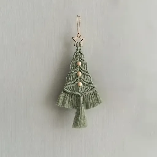 Bohemian woven Christmas tree wall hanging, handmade from pure cotton, accented with wooden beads and tassels, an artistic and healing holiday decoration. (aqua)