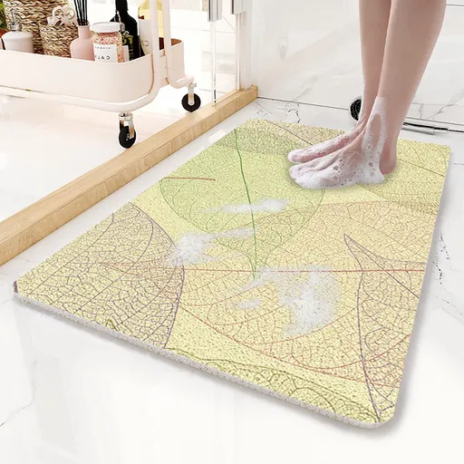Yellow Leaves Pattern PVC Non-Slip Bath Mat 45x75cm - Shower Drain Hole Design, Soft & Quick-Dry Bathroom Rug