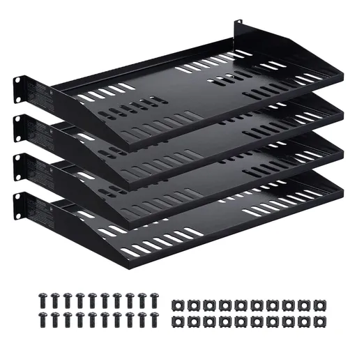 1U Server Rack Shelf, 4 PCS, 22.68 kg Max Load-Bearing Vented Cantilever, Wall Mount or Rack Mount Shelf with Tray, 254 mm Depth, Good Air Circulation for Cabinet Computer Network Equipment