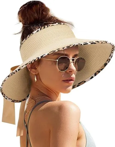 Women Straw Sun Visor Wide Brim UPF 50 Beige Leopard Print