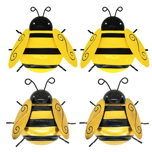 4 PCS Metal Garden Decor Outdoor Honey Bee Fence Yard Art Outside Patio Home Wall Decoration, Gold Yellow