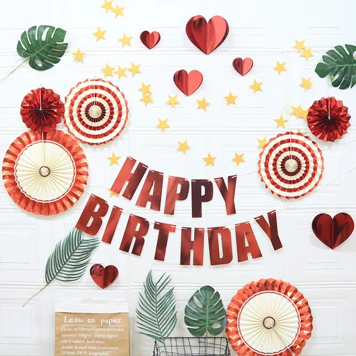 Happy Birthday Party Decoration Set - Fan Decorations, Hearts, Stars & Banner