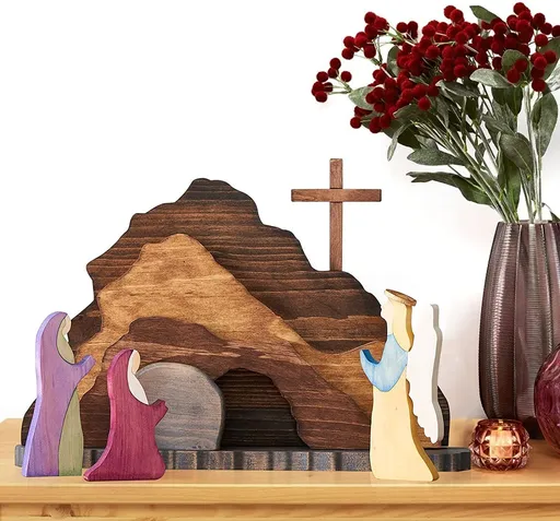 Easter Scene Wooden Decoration Handmade Nativity Set Minimalist Design 3 Piece