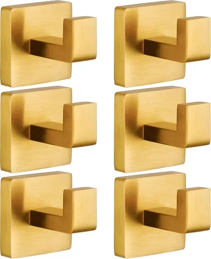 Brushed Gold Stainless Steel Heavy Duty Wall Mounted Square Towel Hooks Robe Hooks - 6 Pack for Bathroom, Kitchen, Bedroom