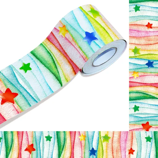 60 Feet Bulletin Board Borders, Watercolor Straight Rolled Border Trim with Colorful Stars Decoration for School, Classroom
