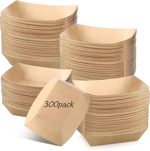 300 Pack 2 lb Paper Food Boats Trays, Heavy Duty, Oil Resistant Disposable Boat for Foods, Hot Dogs, Snacks Meals Leak Proof Kraft Serving Party Picnic Camping Wedding -