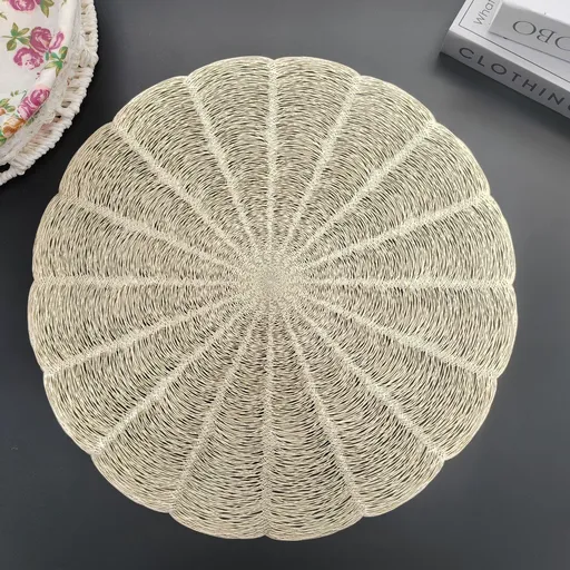 Embroidered Heat Insulation Placemat 6-Pack - Hollow Round PVC Table Mat with Lace Design - Anti-Slip Oil Proof Dining Mat for Kitchen Restaurant - Gold 38cm