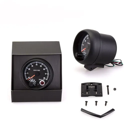 Tachometer Gauge - for 4-6-8 Cylinder Gas Powered Engines - Built-in Shift Light - Mounts On Dashboard - Black Dial