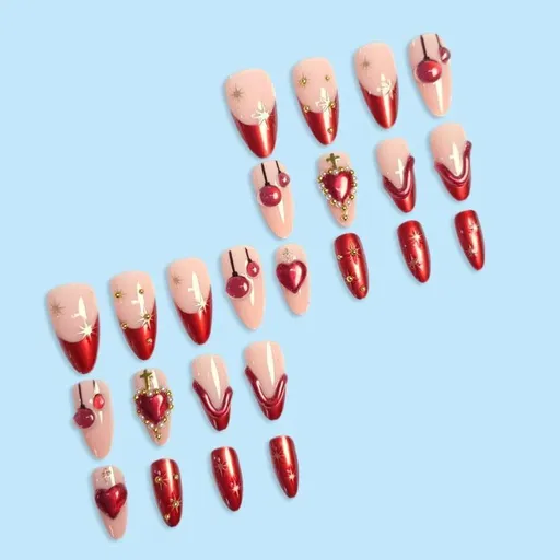 press-on nails, cherry design nails, heart design nails, embellished nails, high-quality press-on nails, easy-to-apply nails, Australian fashion nails, trendy nail art