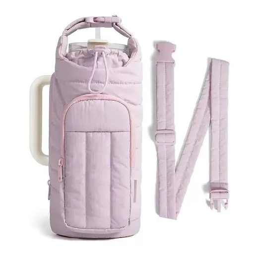 Insulated Water Bottle Bag Lightweight Quilted Nylon 18-64oz Purple Puffer Design
