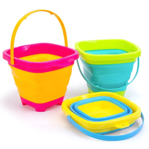 3 Pieces Foldable Beach Bucket Set, 2L Silicone Collapsible Toy Buckets for Kids, Multi Purpose for Fun Summer Activities