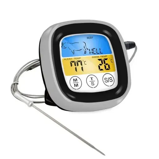 Digital Meat Thermometer with Foldable Probe, Touchscreen LCD, Backlight and Timer Alarm for Oven, BBQ, Grilling and Cooking, Black and Grey