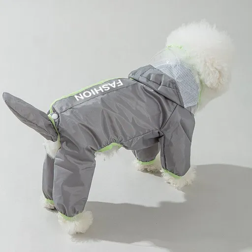 Grey and Green M size Dog Raincoat with Leash Access and Transparent Hood - Waterproof Full Body Pet Rain Suit for Small and Medium Dogs, Reflective Trim, Removable Tail Cover, Outdoor Walking Apparel