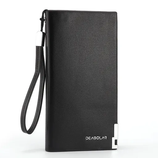Black Men's Business Casual Long Wallet Clutch - PU Leather Large Capacity Phone & Card Holder with Wrist Strap