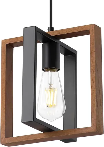 Small Pendant Lamp with Cord, Industrial Wood and Metal E27 Hanging Light Fixture for Kitchen Island Dining Room Bedroom Hallway Farmhouse Style