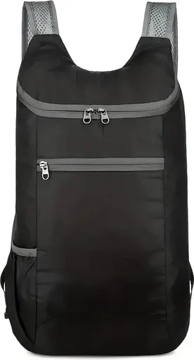 Foldable Lightweight Backpack | Backpack | Splashproof | 2 Compartments with Water Bottle Holder | Incl. Storage Pouch | 20 Liters | Black