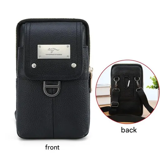 Black Men's Genuine Leather Waist Bag - Multi Layer Phone Pouch with Belt Loop and Shoulder Strap - Outdoor Travel Organizer for Smartphone, Keys, Cards and Cash