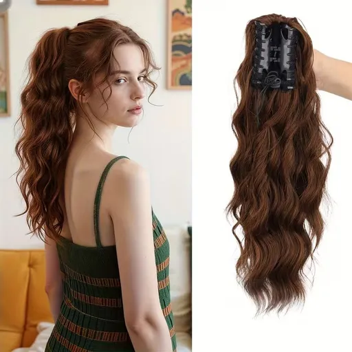 Water wave curly hair clip-in ponytail wig, made of high-heat-resistant synthetic material. Perfect for daily wear to add volume, ideal for holiday celebrations and Halloween parties.（light brown）
