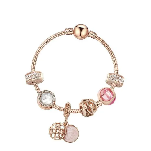 Glamorous Gold Bracelet with Rhinestones, Colorful Cubic Zirconia, Hollow Beads & Double-Disc Pendant(21cm)
