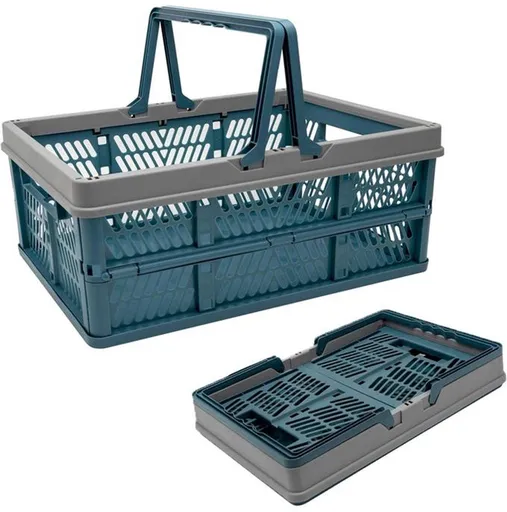 Foldable Shopping Basket with Handle, Plastic Storage Crate for Car Kitchen Camping, Portable Collapsible Grocery Basket, Blue, 42.5 x 33 x 24 cm