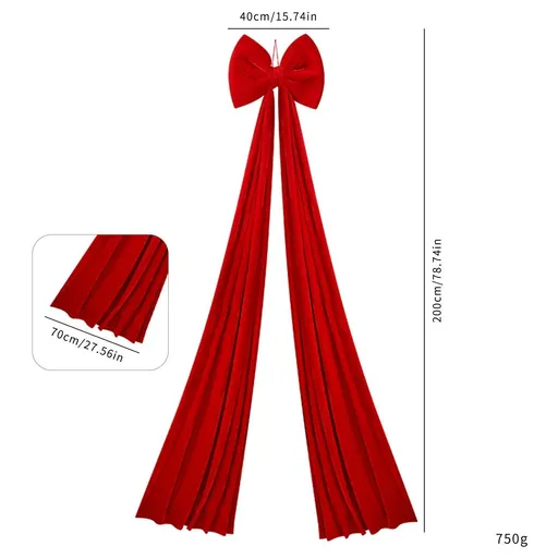 Fluffy Velvet Christmas Bow Hanging Decoration, Oversized Bow For Xmas Tree Topper & Party Arrangement, Red Velvet 40x200cm