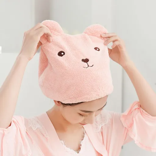 Soft Absorbent Dry Hair Cap,Cute Cartoon Bear Super Soft Microfiber Children Adult Quick Drying Towel Head Wrap (Pink)