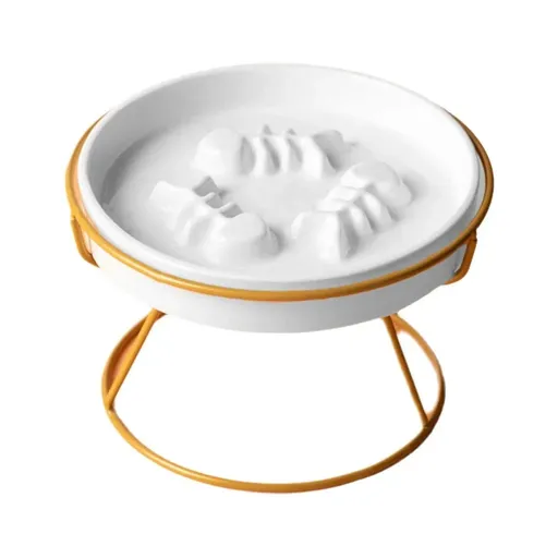Ceramic Cat Bowl Slow Feeder Pet Food Tray for Cats and Dogs Non Slip Design - White Bowl-Gold Tray Rack