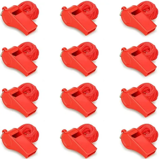 12 Pack Plastic Safety Whistles with Lanyards, Loud Emergency Signal Whistles for Sports, School, Outdoor Travel and Events, Red