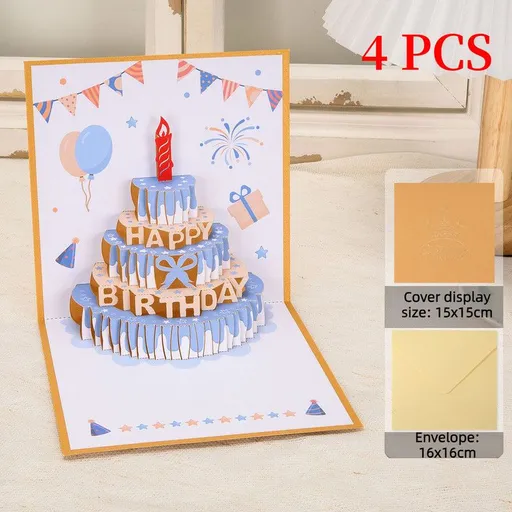 4-Pack - Cake 3D Pop-Up Birthday Cards, Papercut Foldable Greeting Gift Cards - Gold and Blue
