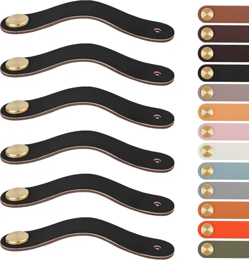 Leather Handles - Furniture Handles - Kitchen Handles - Door Handles - Cabinet Handles - Drawer Knobs - Furniture Hardware - Kitchen Hardware - Handles - Leather - Leather - Kitchen Renovation - Industrial - Brass - Knobs - Loops - Loop - Black - Set