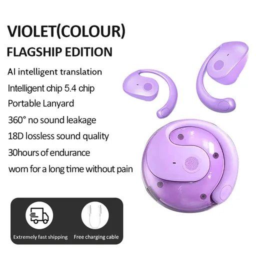 True Wireless Earbuds AI Smart Translation Open-Ear Bluetooth 5.4 Purple