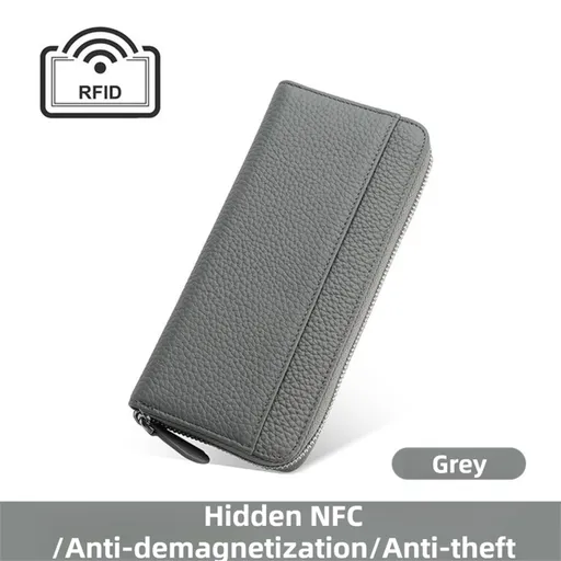 Grey Genuine Leather Women's Long Wallet with RFID Blocking & Hidden NFC - Large Capacity Phone Purse with 180° Zipper Closure, 18 Card Slots, Coin/Cash Pockets and for Daily Travel Use