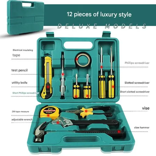 Green 12 Piece Set -Multi-Purpose Home & Car Tool Kit - Durable Blow-Molded Case, Utility Knife, Tape Measure, Pliers, Hammer, Screwdrivers, Allen Keys - Compact Emergency Repair Set for DIY and Auto Maintenance